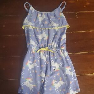 Girls' Purple Unicorn Print Romper with Yellow Trim